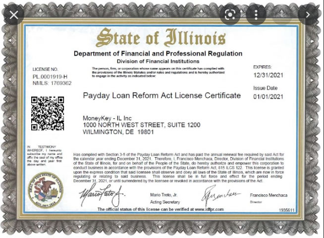 Example Illinois Payday Loan License