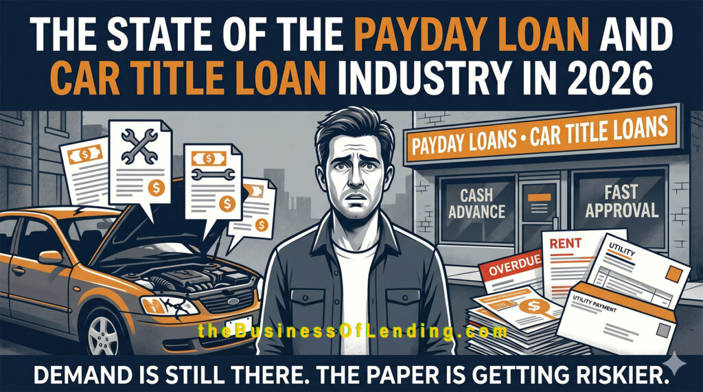 Subprime lending operator reviewing payday loan and car title loan performance in 2026.