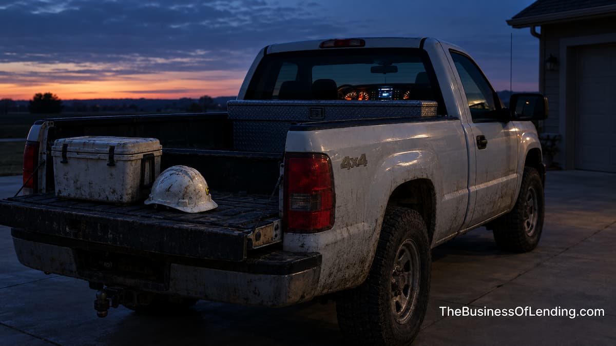 Work truck in a driveway at dawn, the vehicle a title loan borrower depends on to reach a job and repay the loan