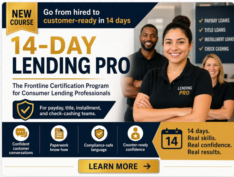 14-Day Lending Pro: new hire training for payday, title, installment, and check-cashing teams