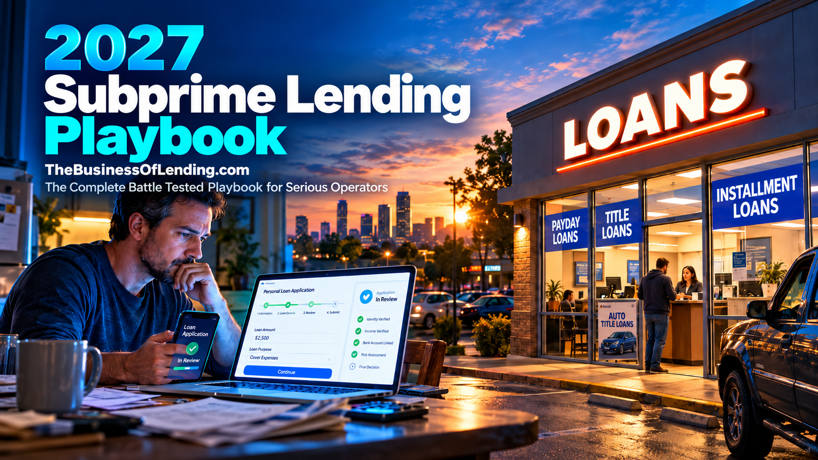 2027 Subprime Lending Playbook showing online lending technology and a payday, title, and installment loan storefront
