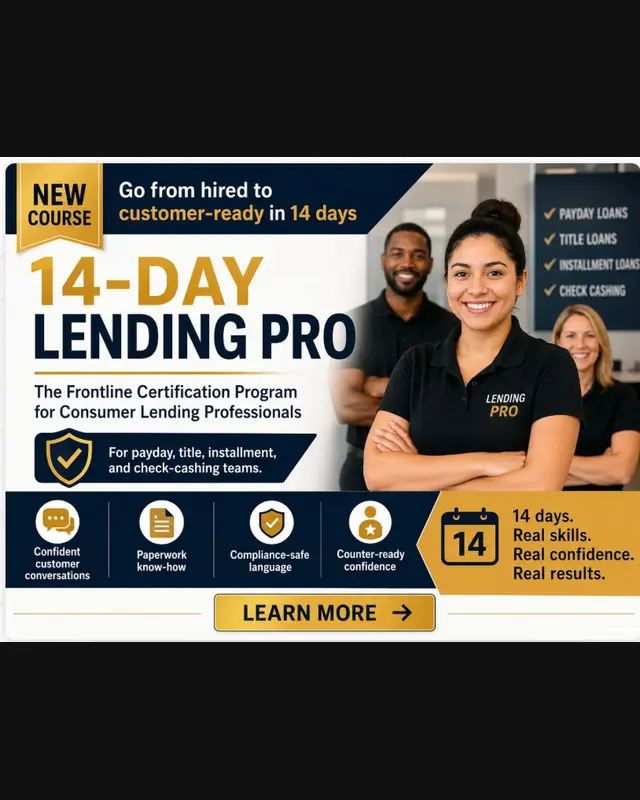 14-Day Lending Pro frontline certification program for payday, title, and installment loan store employees